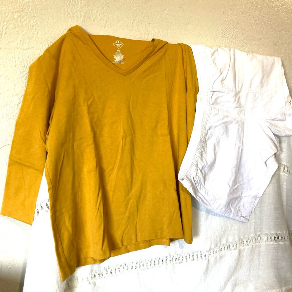 Outfit  Mustard V-Neck & NWT white shorts